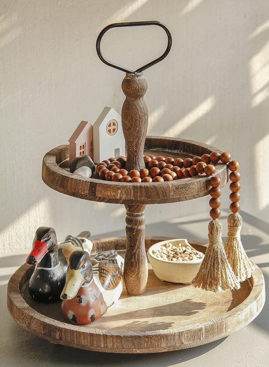 39in Wood Bead Garland Farmhouse with Tassels,Versatile Prayer Beads Boho Chic Wall Hanging Home Decor (Brown)