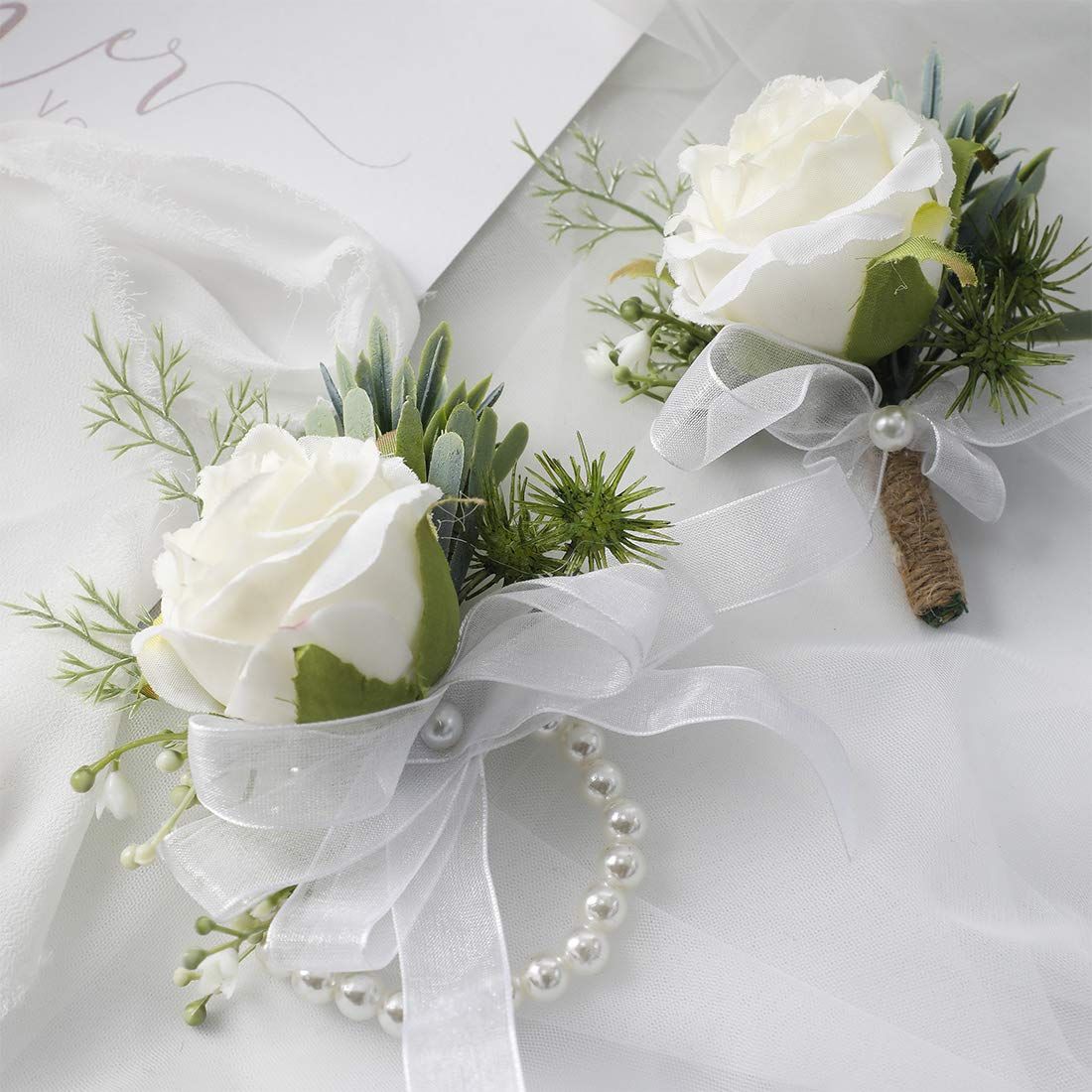 2 pieces Wrist Corsage Set, Artificial Rose Men Women Corsage Wristband Bracelet, Bride Groom Wedding Prom Party Flowers