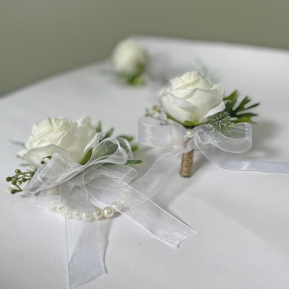 2 pieces Wrist Corsage Set, Artificial Rose Men Women Corsage Wristband Bracelet, Bride Groom Wedding Prom Party Flowers