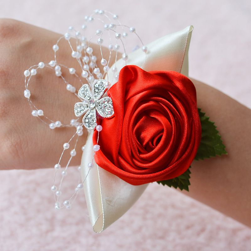 Fashionable wedding bridesmaid wrist flower bust party hand flower decoration with artificial pearl bead wristband red