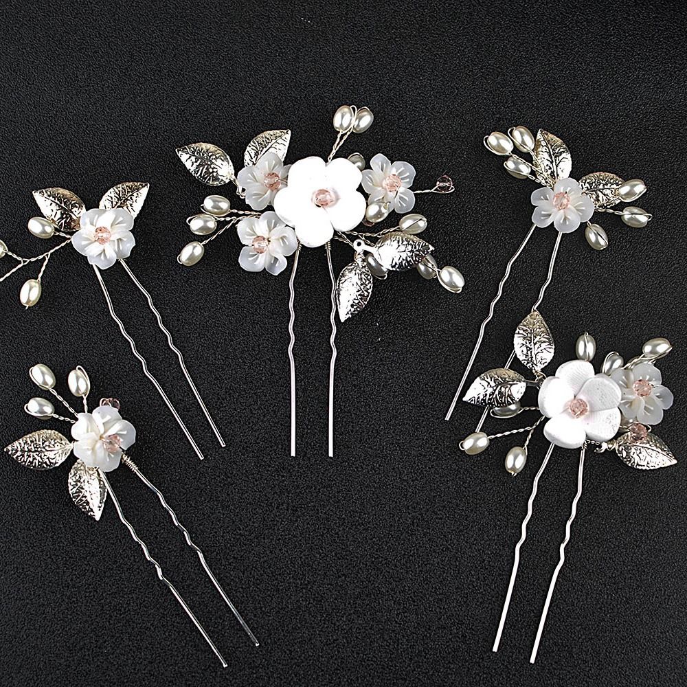 Flower Bride Wedding Hair Pins Silver Bridal Hair Pieces Pearl Hair Accessories Leaf Prom Hair Clips (Pack of 5)