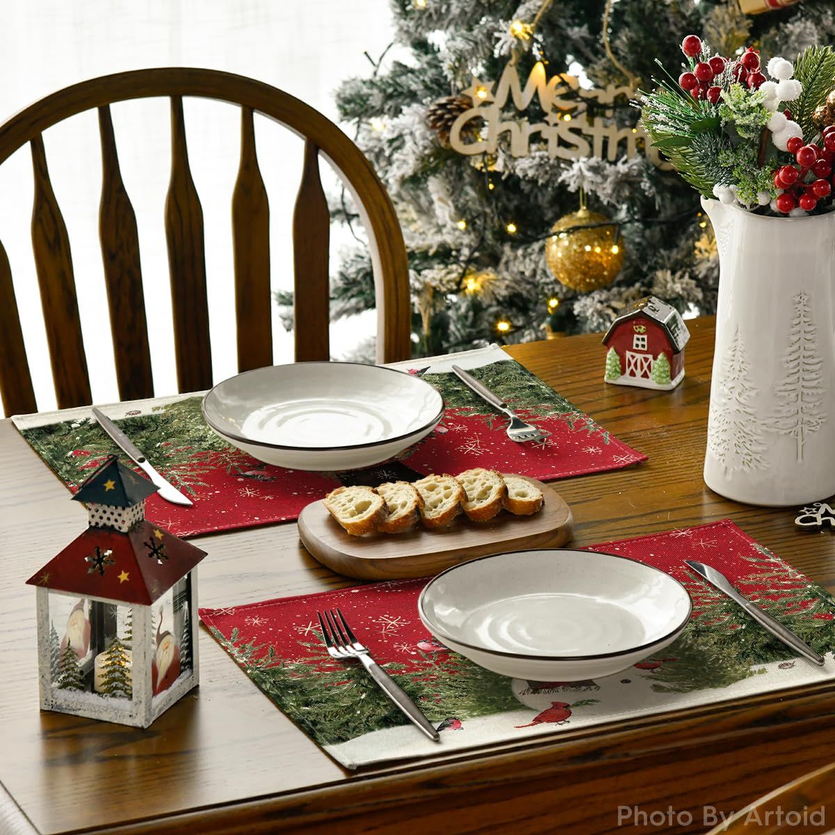 4pcs,Snowman Cardinal Tree Christmas Table Mat, Seasonal Winter Bird Christmas Holiday Rural Retro Thanksgiving Washable Table Mat