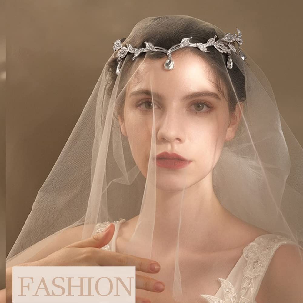 Elegant Rhinestone Leaf Wedding Bridal Bridesmaid Forehead Band Dangle Rhinestone Bridal Tiara Crown with Gift Box , Silver