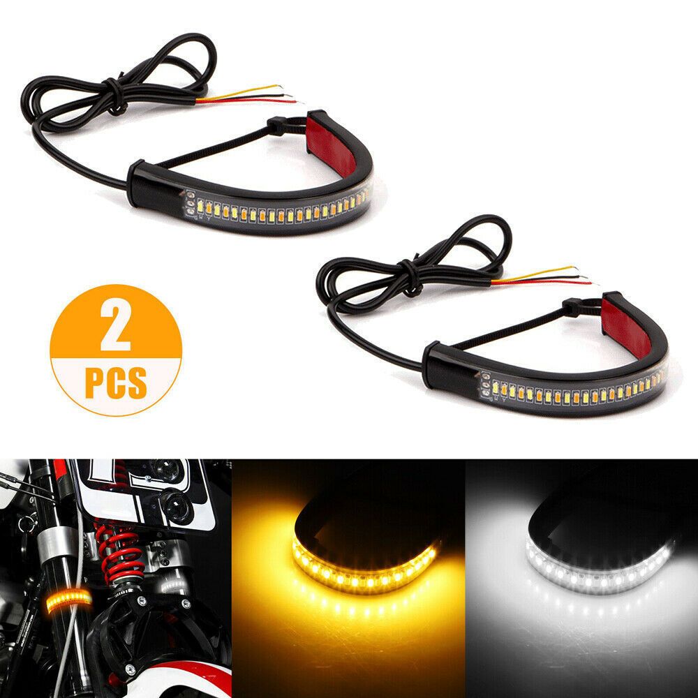 Motorcycle Daytime Running Light with Fork Turn Signals Blinkers Strip, Switchback White & Sequential Amber Light Adjustable(2pcs)