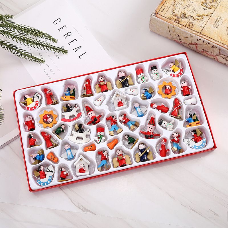 48 PCS Mini Wooden Christmas Tree Ornaments Set Tiny Hanging Vintage Miniature Decorations for Christmas Xmas Tree Gift Tags Party