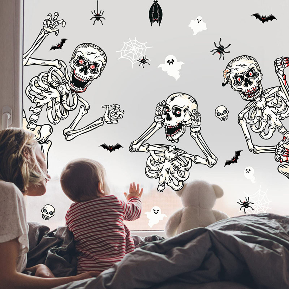 Halloween Window Clings,Skeletons Skull Window Stickers,Halloween Decorations Glass Stickers Wall Decals for Home Party Decoration