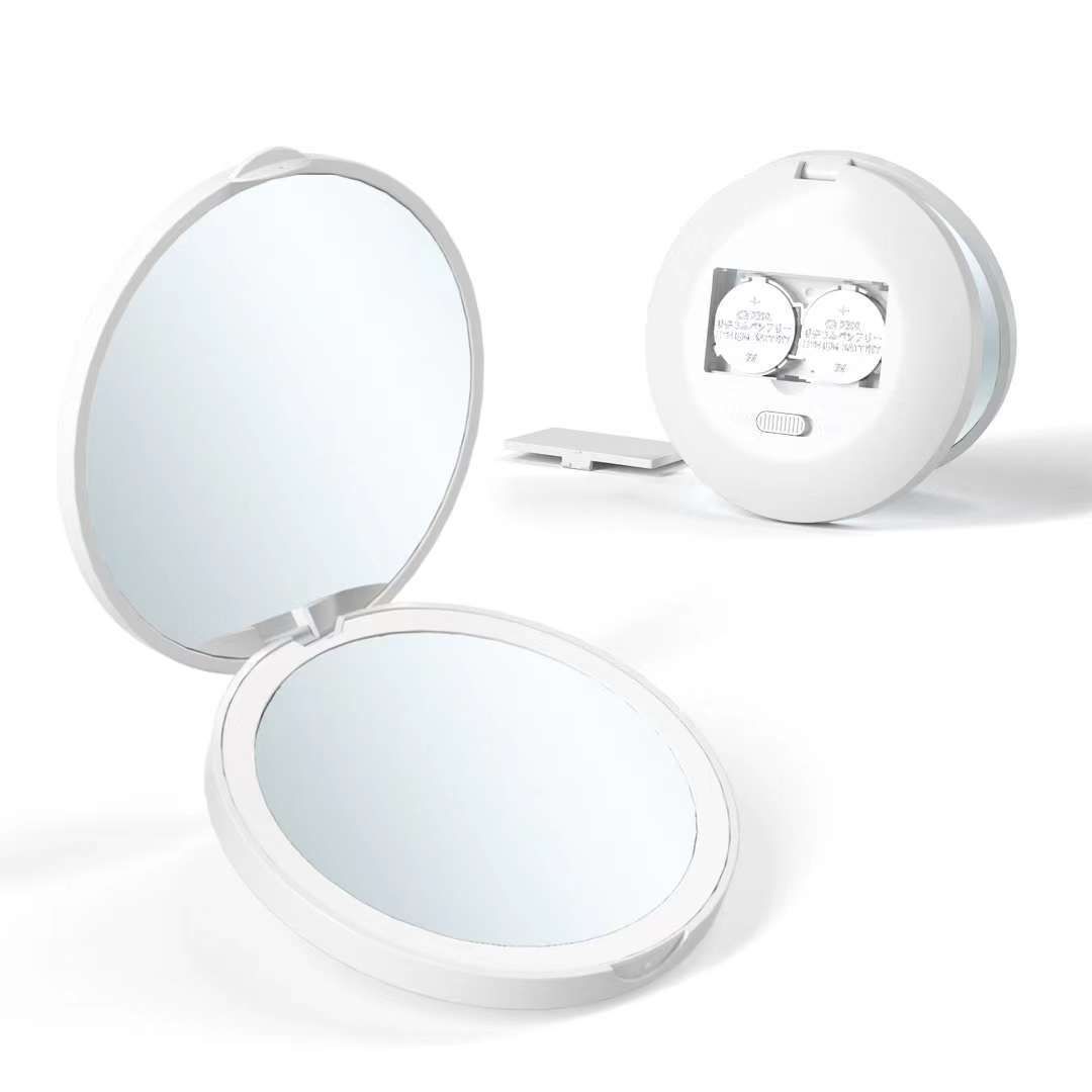 Compact Mirror, Travel Makeup Mirror with Lights, 1X/2x Magnification LED Compact Mirror with BIattery, Folding White