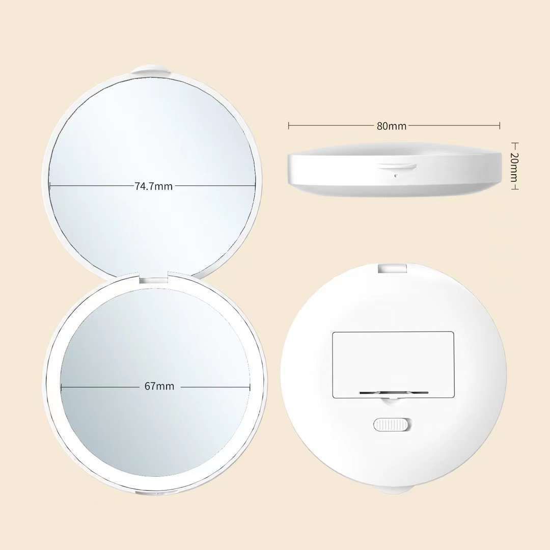 Compact Mirror, Travel Makeup Mirror with Lights, 1X/2x Magnification LED Compact Mirror with BIattery, Folding White