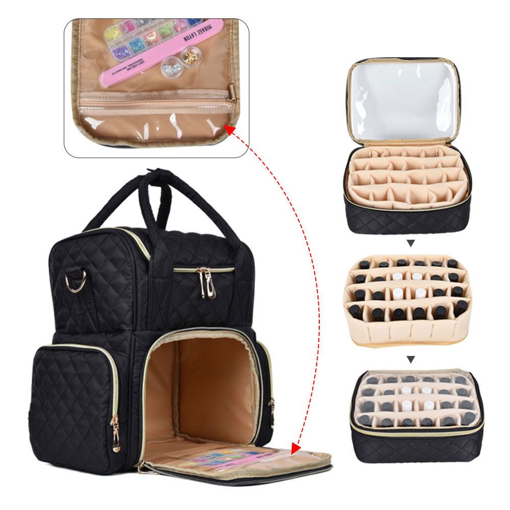 Nail Polish Organizer Holds Nail Polish Case with 2 Removable Bags and Tools Storage Pockets Black