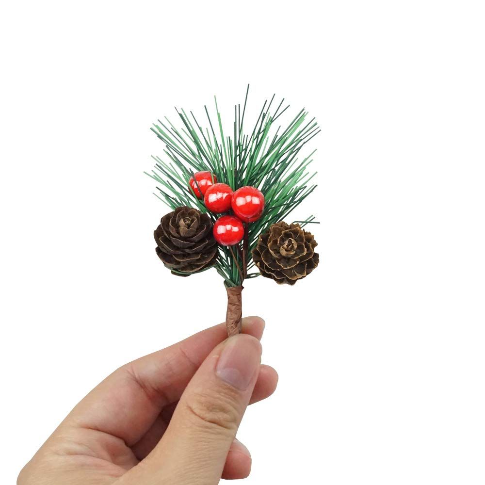 Red Berry Pinecones Pine Needles Stems Picks Artificial Winter Christmas Berries Decor for Crafts Christmas Garland 20 pes