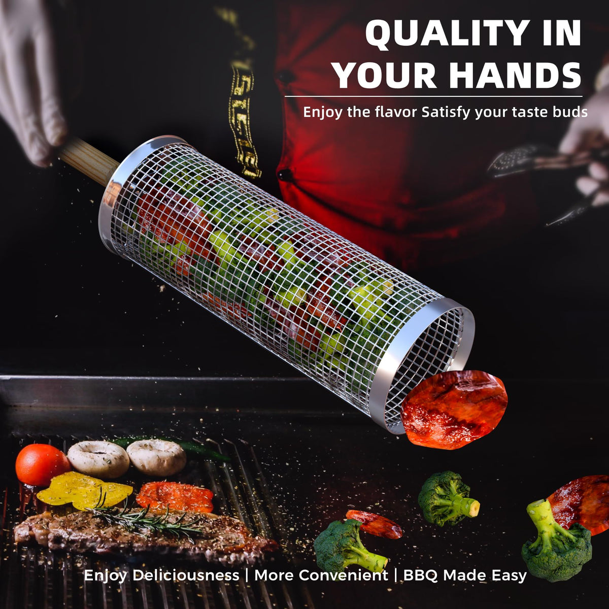 Grill Basket 2PCS Rolling Grill Baskets with Handle BBQ Grill Basket for Outdoor Grill Barbecue Stainless Steel Accessories
