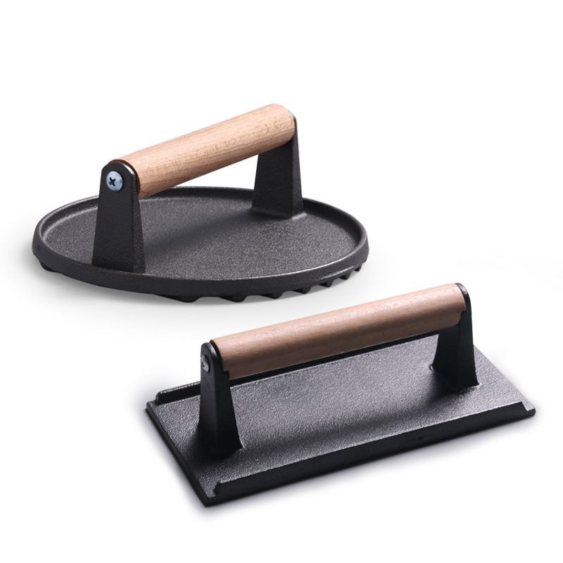 Round & Rectangle Heavy-Duty Cast Iron Smash Meat Steak With Wood Handle for chef Griddle Grills (Round & Rectangle)