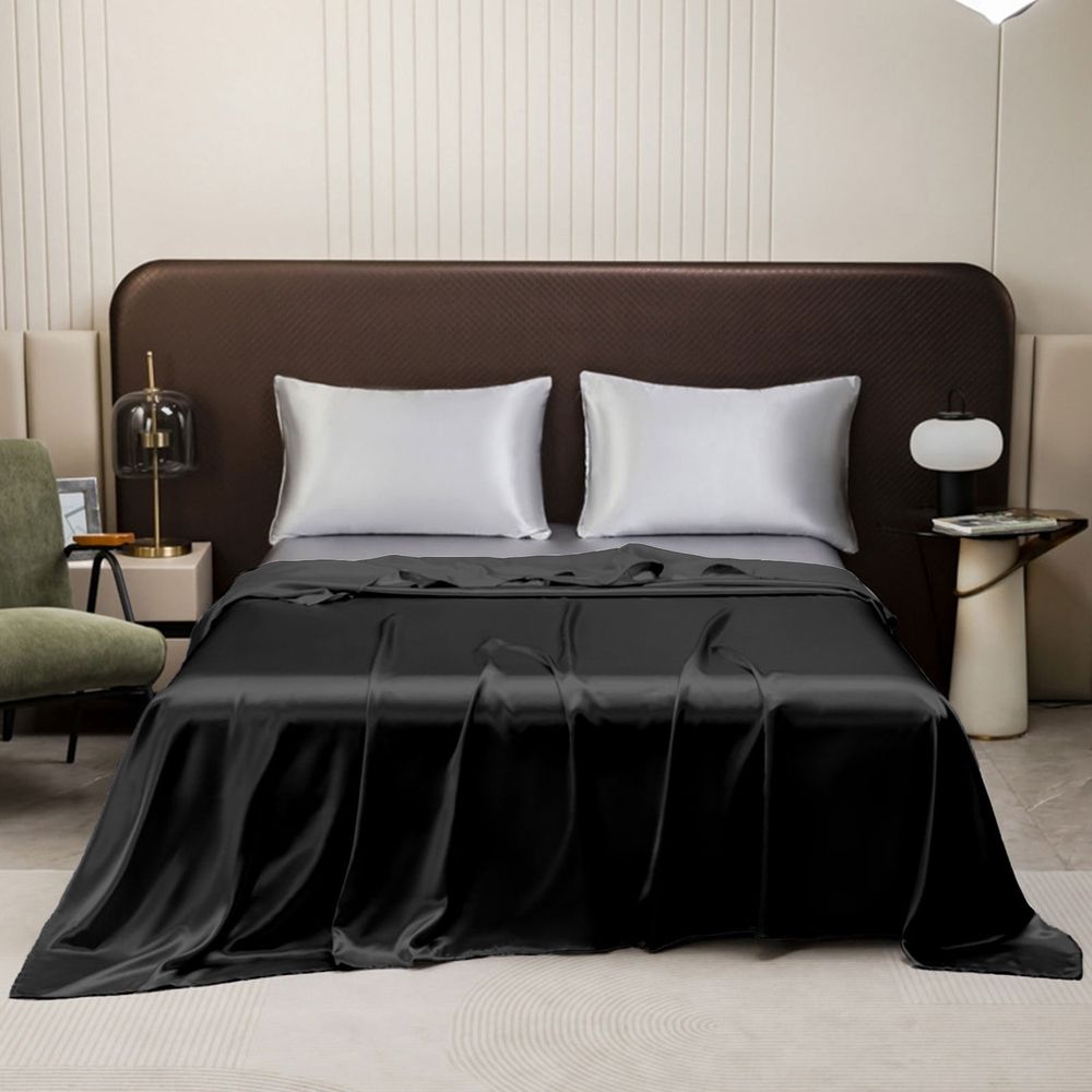Satin Bed Sheet Silk Like Bedding Flat Sheet Soft Cooling Bed Sheet Wrinkle Resistant Breathable Bedding Sheet for Queen Full Bed Bedroom Guest Room Hotel Style Sleep Bedding Smooth Touch Luxury Feel