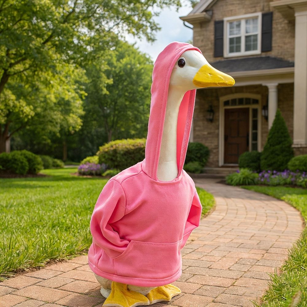 23 Inch Lawn Goose Statue Hoodie Trendy Pink Outfit for Patio Garden Outdoor Decor, B