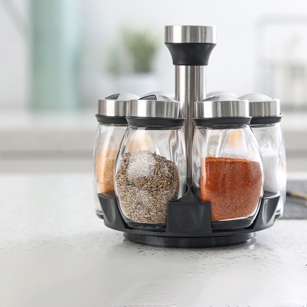 Rotating Spice Rack S 6 Glass Jars with Labels Food-Safe Sealed Lids Transparent Visible Space-Saving Kitchen Countertop Organizer Easy Access Seasoning Storage Decorative Rotating Base