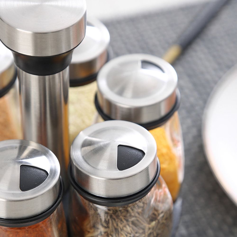Rotating Spice Rack S 6 Glass Jars with Labels Food-Safe Sealed Lids Transparent Visible Space-Saving Kitchen Countertop Organizer Easy Access Seasoning Storage Decorative Rotating Base