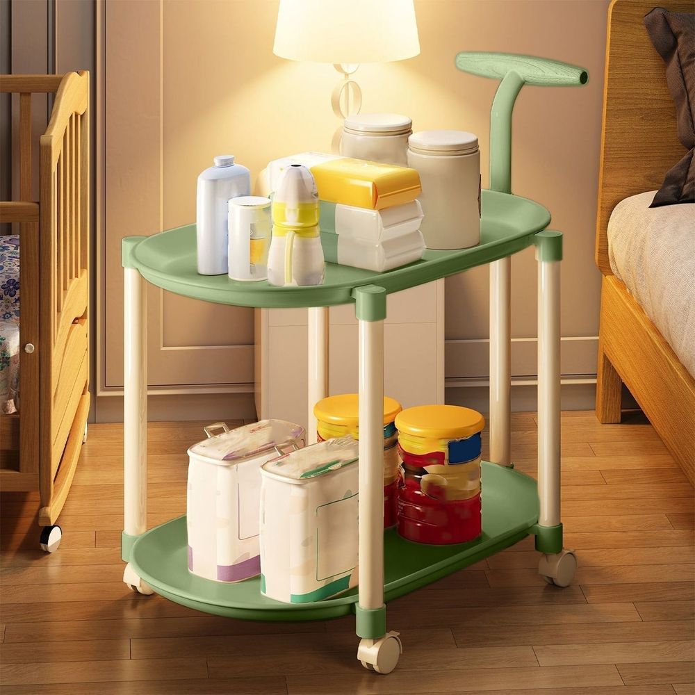 Cream Rolling Side Table With Wheels 25.9 In Compact Double Tier Storage Design Organizer For Books Snacks toilries Bedroom Balcony Bathroom Small Spaces Home Bedroom Decor Tables