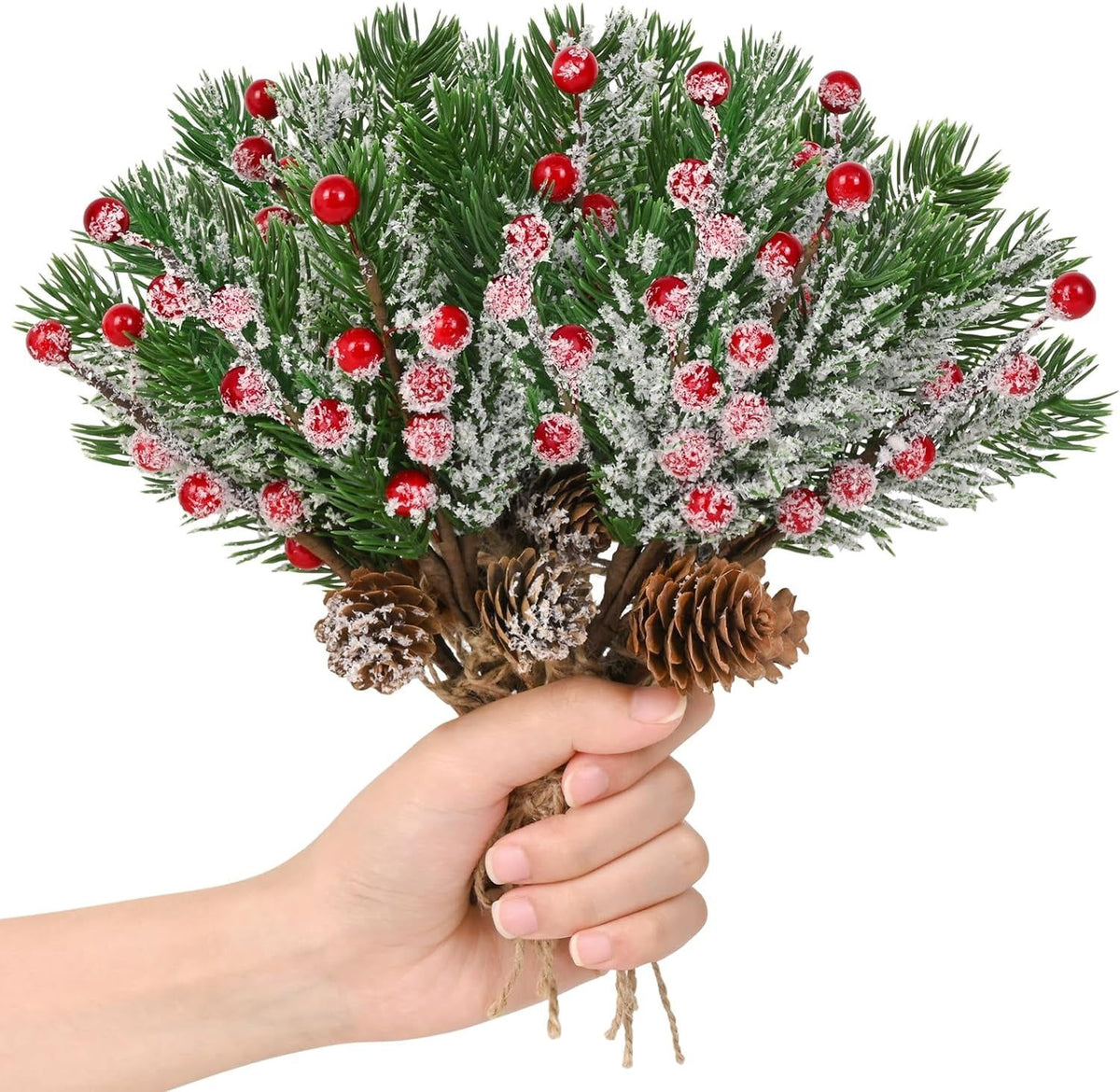 12PCS Christmas Berries Pine Cones, Artificial Pine Picks Christmas Berries Décor with Snowflakes Flocked Holly, for Garden Wedding Xmas Wreaths DIY Craft Décor