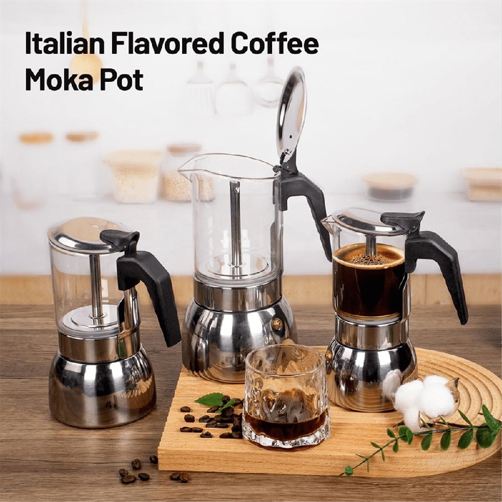 9 Cup Glass Clear Moka Pot Thickened Stainless Steel Stovetop Espresso Maker Italian Coffee Machine 450ml 15oz