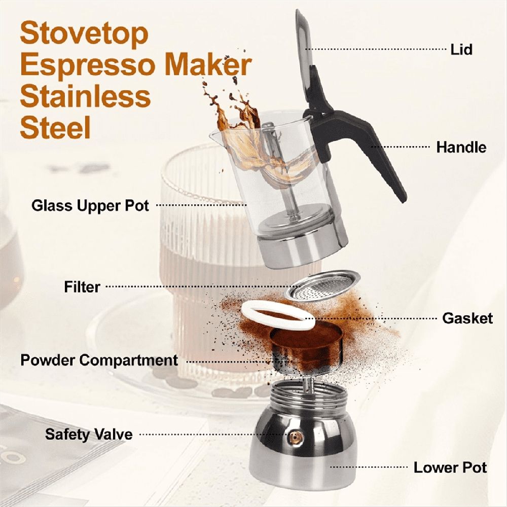 9 Cup Glass Clear Moka Pot Thickened Stainless Steel Stovetop Espresso Maker Italian Coffee Machine 450ml 15oz