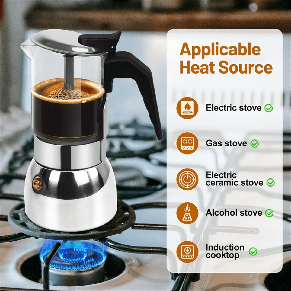 9 Cup Glass Clear Moka Pot Thickened Stainless Steel Stovetop Espresso Maker Italian Coffee Machine 450ml 15oz
