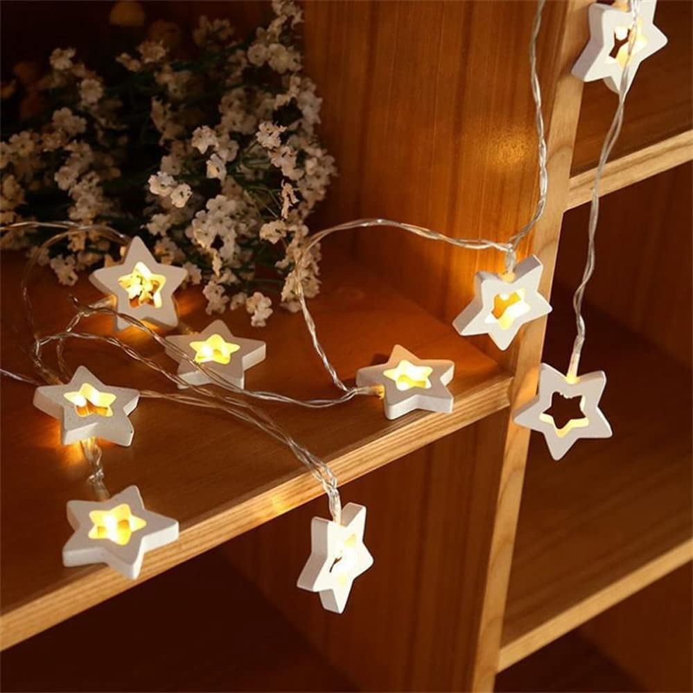 Wooden Star Fairy String Light Valentine's Day Star Shaped String Light Battery Operated String Led Light for Christmas Holiday Wedding Garden Birthday Party Indoor