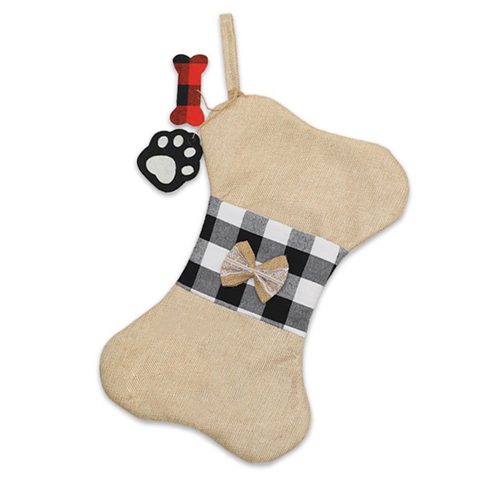 Pet Dog Christmas Stockings, Plaid Large Bone Shape Pets Stockings, Classic Hanging Stockings for Christmas Decorations