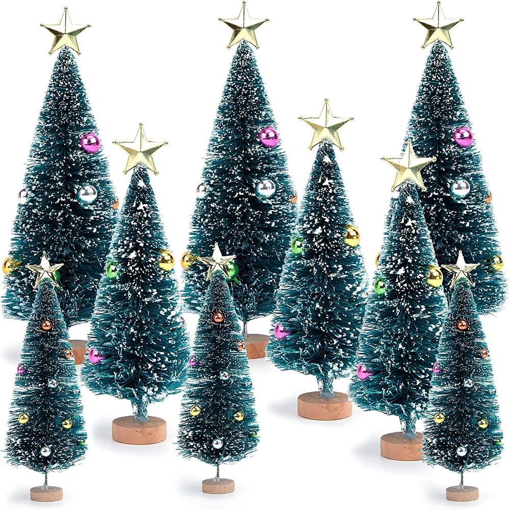 9PCS Bottle Brush Trees with Topper Ornaments, Mini Christmas Trees Sisal Snow Frost Trees with Wood Base for Christmas DIY Decoration Table Top Decoration Diorama Tree Models