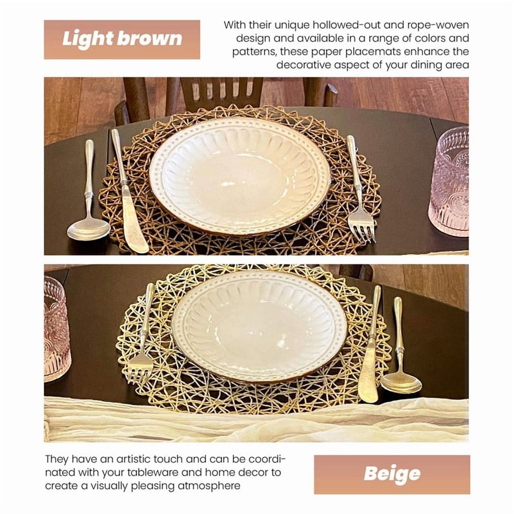 12pcs Paper Braided Round Placemats Non-Slip Heat Table Mats for Dining Tables Indoor & Outdoor Place Mats Light Brown