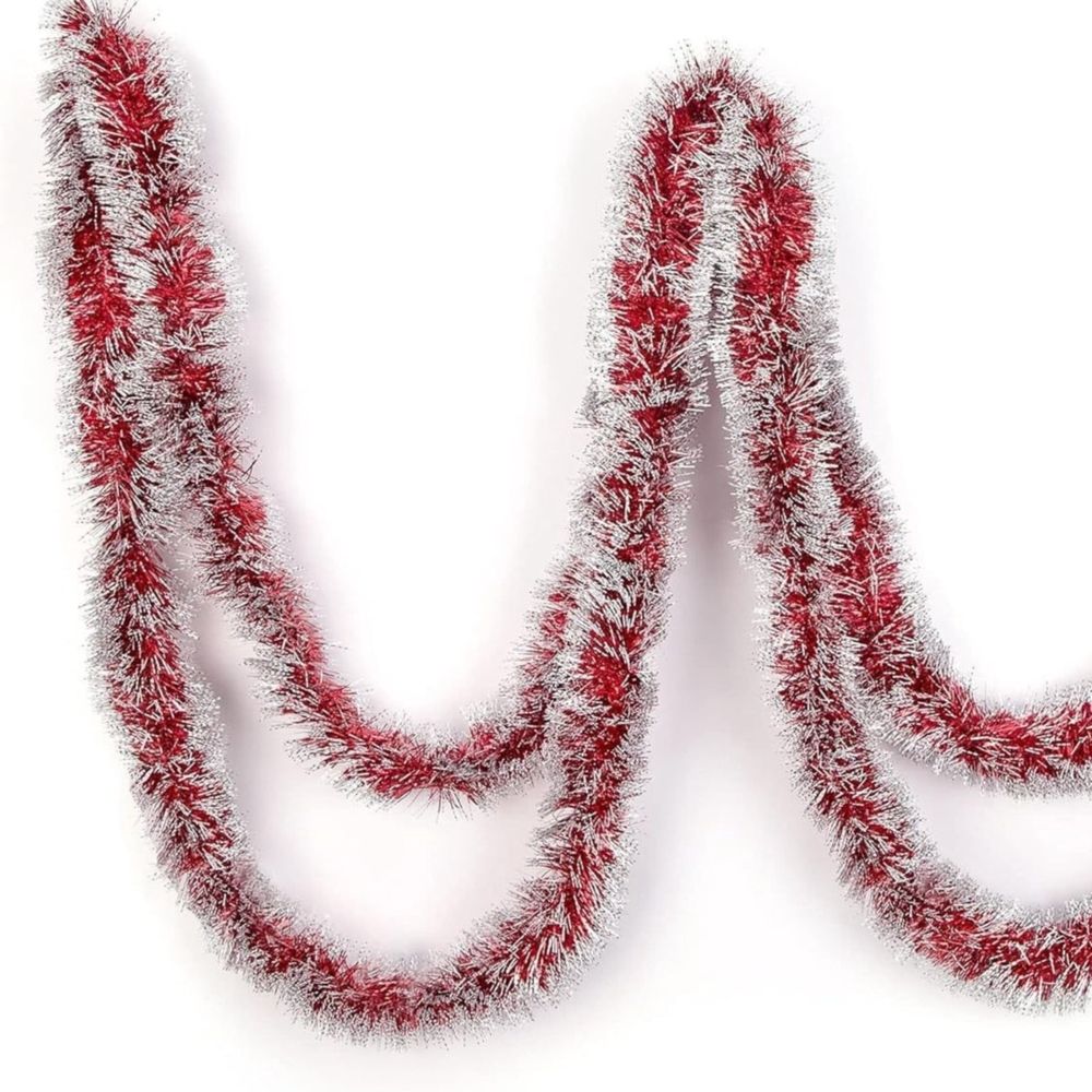 Christmas Tinsel Garland, Red and White Christmas Tree Garland Decorations, Metallic Tinsel Glitter Twist Garlands, Hanging Streamers for Indoor Xmas Holiday Decor, 1 Pcs, 3.5 In x 6.6 Ft