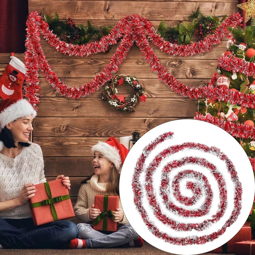 Christmas Tinsel Garland, Red and White Christmas Tree Garland Decorations, Metallic Tinsel Glitter Twist Garlands, Hanging Streamers for Indoor Xmas Holiday Decor, 1 Pcs, 3.5 In x 6.6 Ft