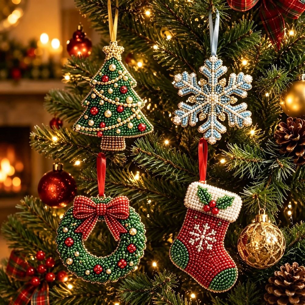 Christmas Diamonds Art Kits Painting Kits DIY Pearl Art Kits For Adults Pendants Hanging for Christmas Tree Party Decoration(A Set of 4 Pieces)