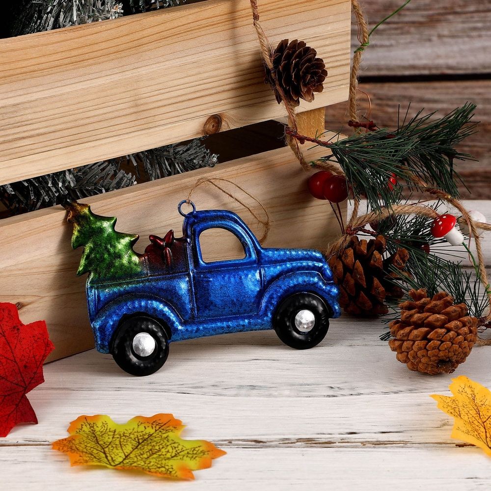 Festive Blue Christmas Truck Pendant Iron Glass Easy to Decorate 1Pc