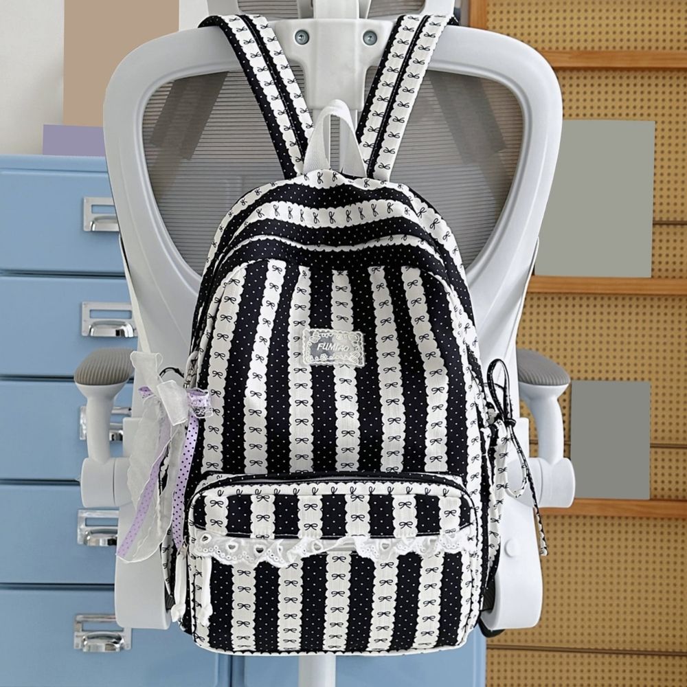 Stripe School Backpack, Cute Aesthetic Backpack with Bowknot, Spacious Lace Trim Bag for Travel College Work (Green)