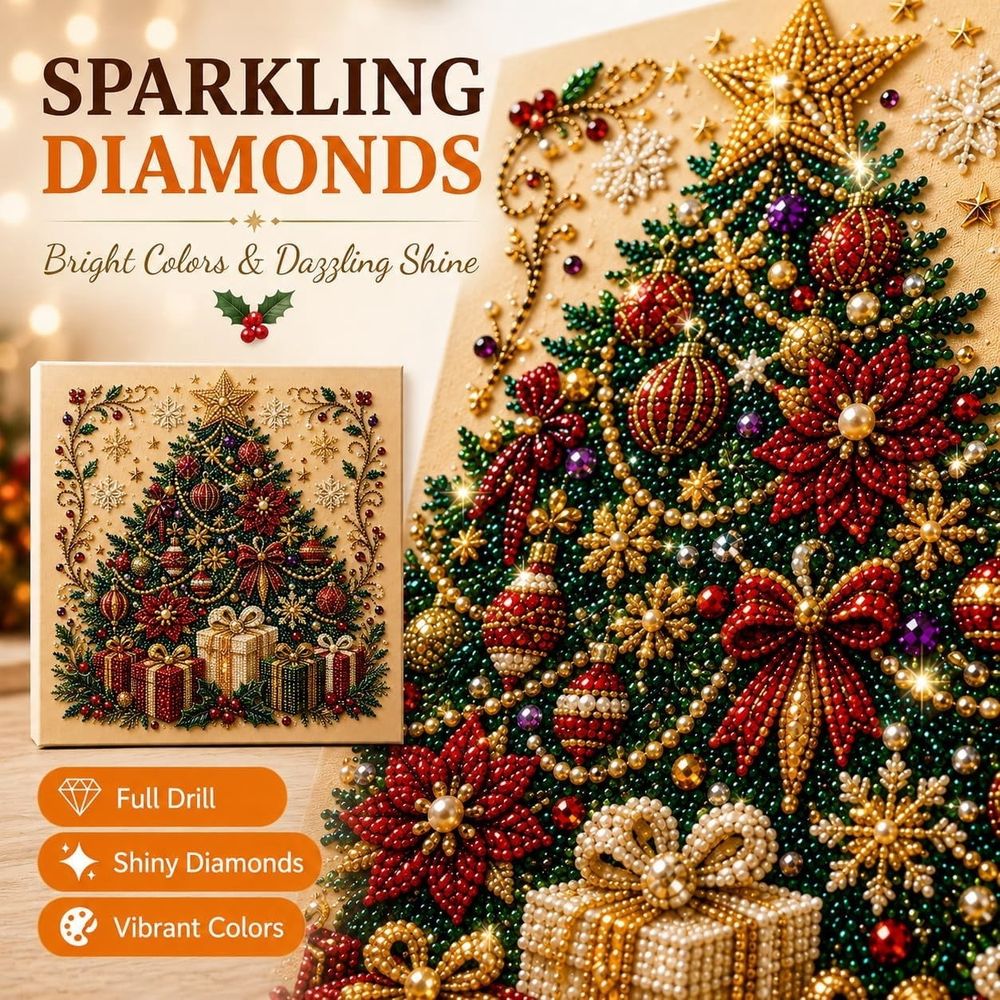 3D Textured Pearl Diamond Painting Art Kit with Frame, Christmas Beaded Art Craft for Adults, Elegant Gemstone Dots Set for Festive Interior Decoration (Christmas Tree)