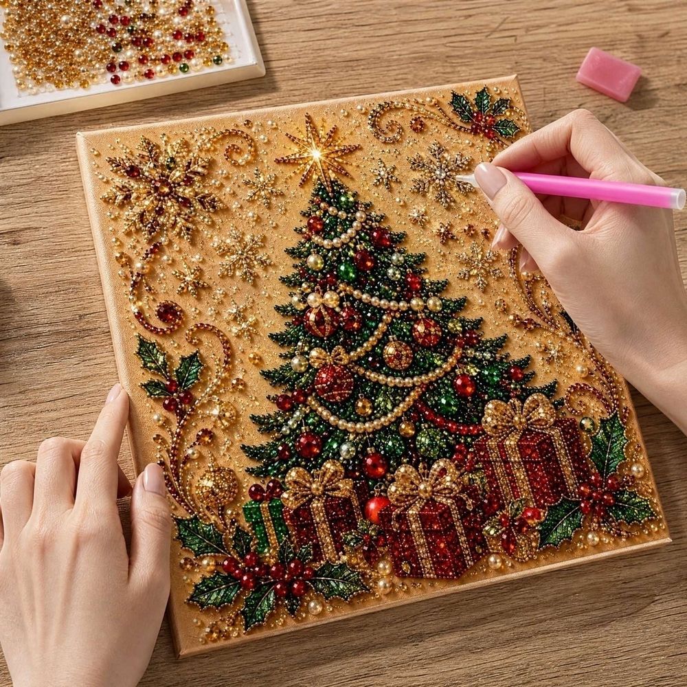 3D Textured Pearl Diamond Painting Art Kit with Frame, Christmas Beaded Art Craft for Adults, Elegant Gemstone Dots Set for Festive Interior Decoration (Christmas Tree)