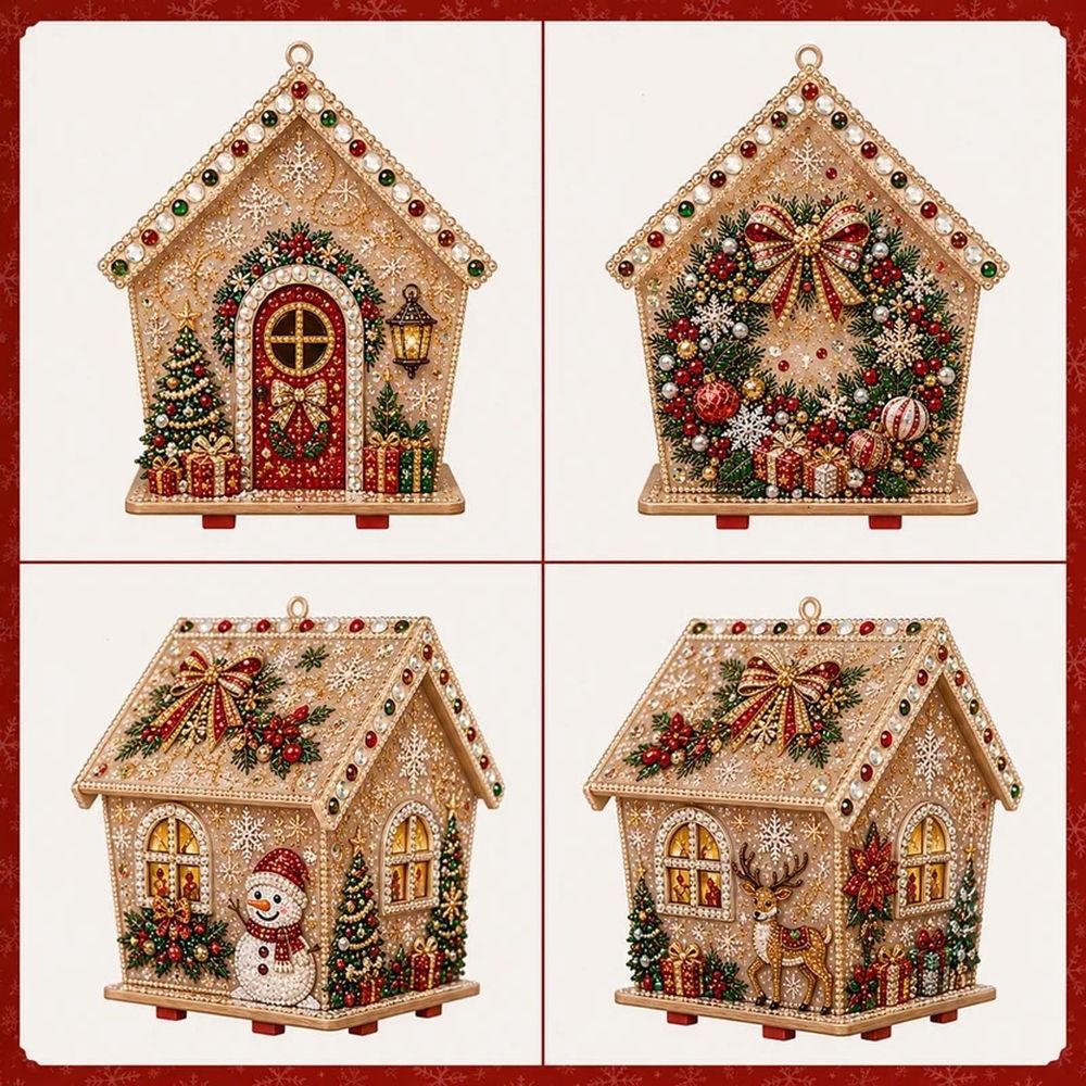 Christmas DIY Pearl Painting Wooden House, Wooden House Pearl Diamond Art Kit, 3D Diamond Handmade Painting Hanging Ornament for Holiday Party Decor & Christmas Trees, #01