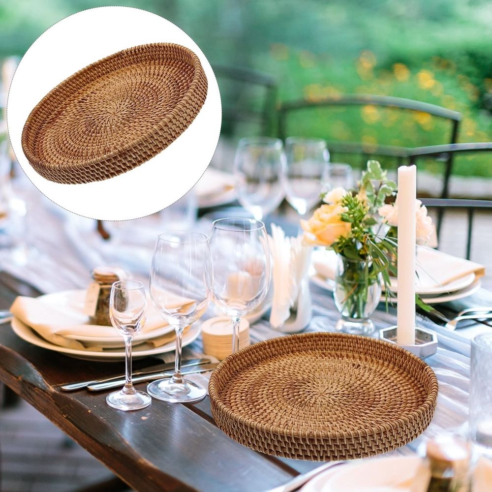 Round Rattan Serving Tray with Handles,1 Hand Woven Basket, Home Decor Organizer Tray for Breakfast, Tea, Snack, Fruit, Coffee, Storage (9inchX9*1.2inch)