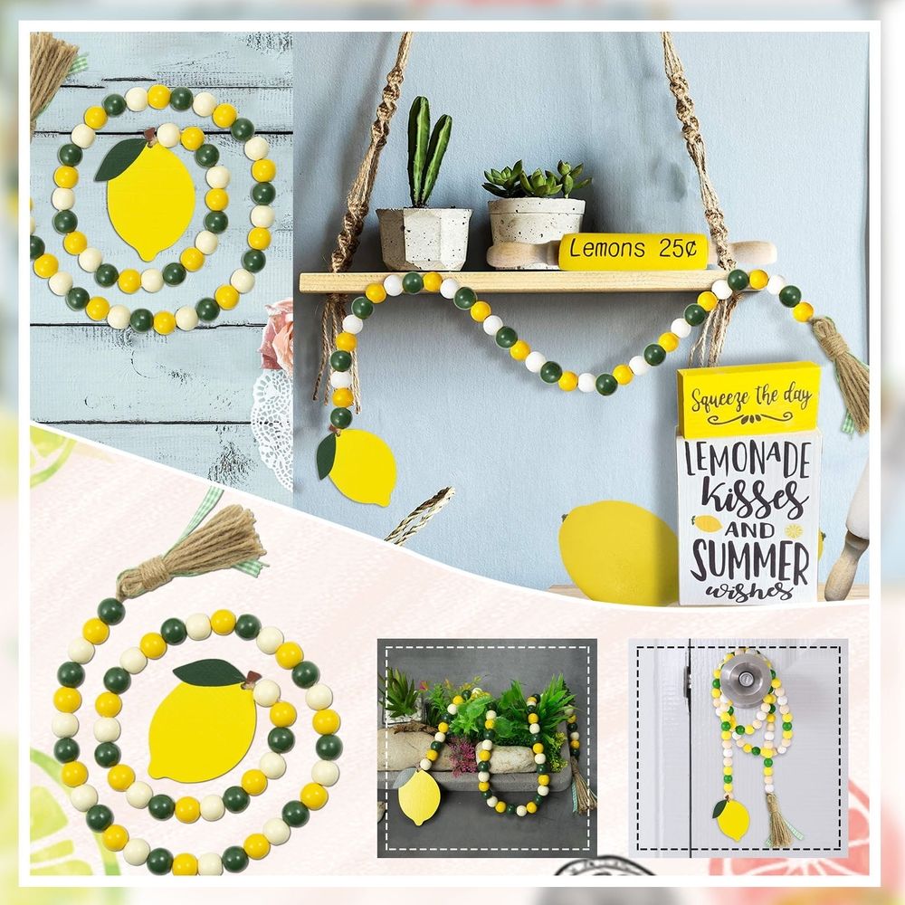 Lemon Wood Bead Garland With Tassels Farmhouse Rustic Lemonade Bead Garland With Lemonade Sign Summer Lemonade Slice Tiered Tray Decor Prayer Boho Bead For Home Tabletop Decor,Yellow
