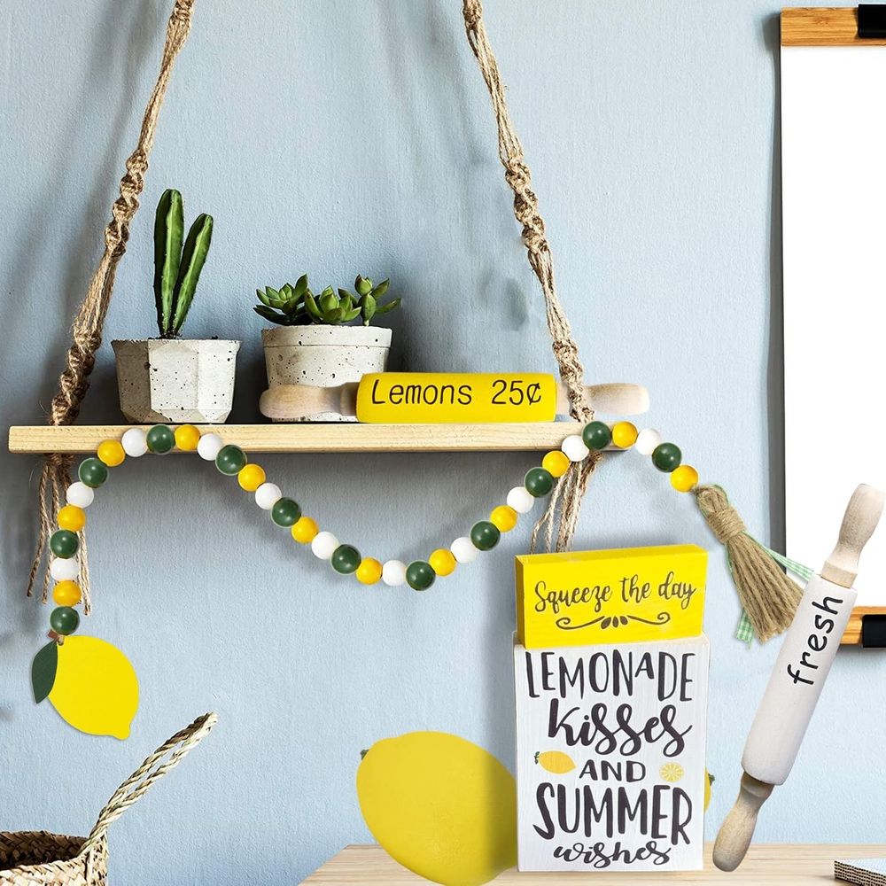 Lemon Wood Bead Garland With Tassels Farmhouse Rustic Lemonade Bead Garland With Lemonade Sign Summer Lemonade Slice Tiered Tray Decor Prayer Boho Bead For Home Tabletop Decor,Yellow