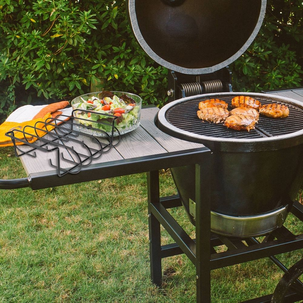 Black Rib Rack Grilling Shelf for Outdoor Barbecue, 1Pc Sturdy BBQ Cooking Accessory