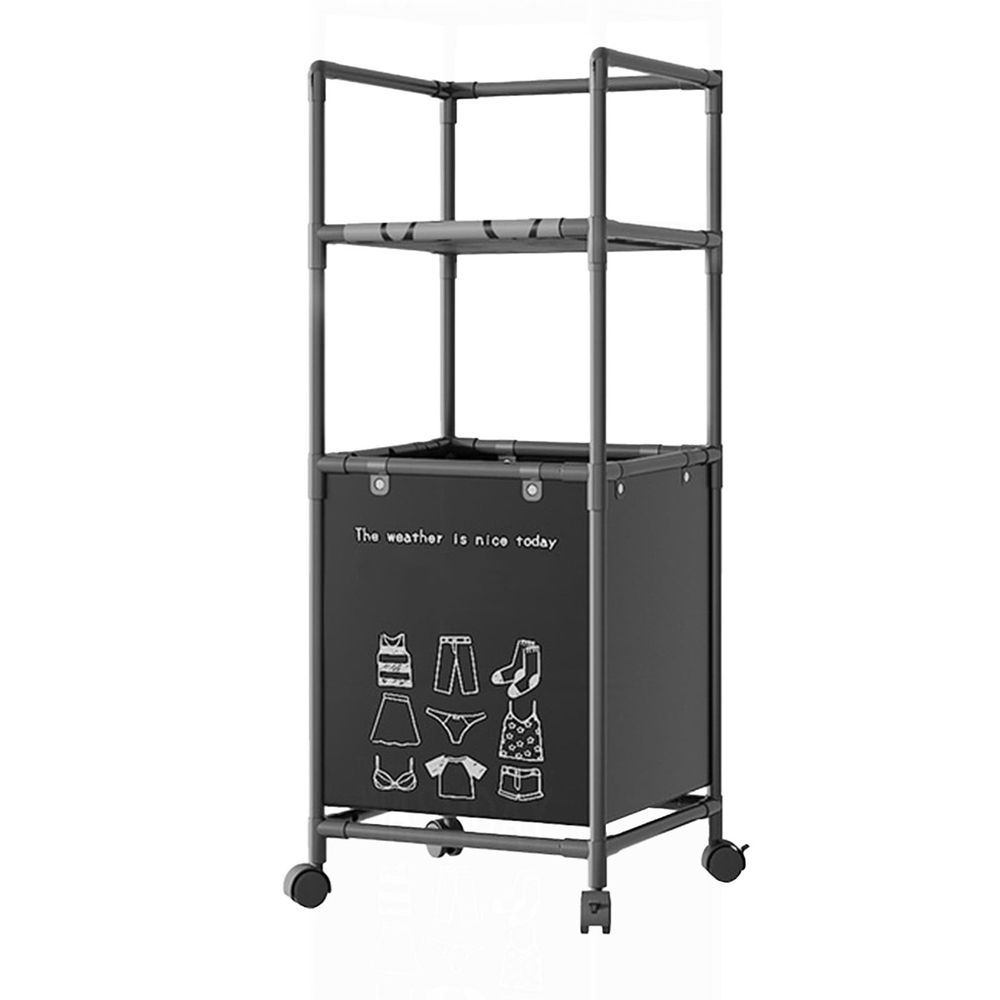 2-Tier Laundry Room Shelves with Storage Drawer with Wheels, Adjustable-Shelf Storage Rack, Metal Industrial Unit Rack, Floor Standing Laundry Organizer for Narrow Space with Wheels(Black)