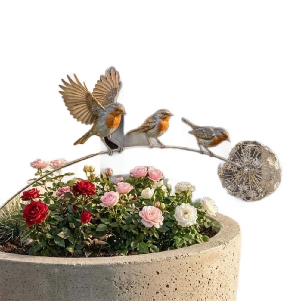 Robin Garden Stake, Metal Bird Yard Art with Dandelion, Rustproof Iron Outdoor Decoration for Flower Pots and Garden Beds, Weather Resistant Bird Sculpture for Patio and Lawn