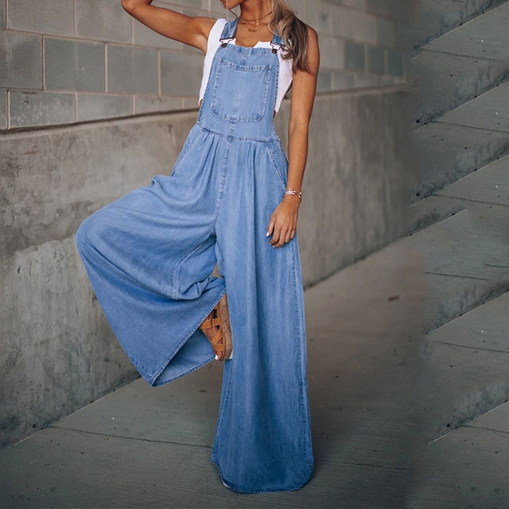 Women's Casual Loose Denim Overalls Adjustable Strap Wide Leg Bib Jean Overalls Jumpsuit with Pockets