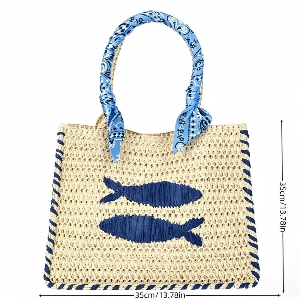Ladies Straw Handbag with Fish Embroidery, Natural Woven Beach Tote, Bohemian Raffia Shoulder Bag, Lightweight Vacation Purse for Summer Travel