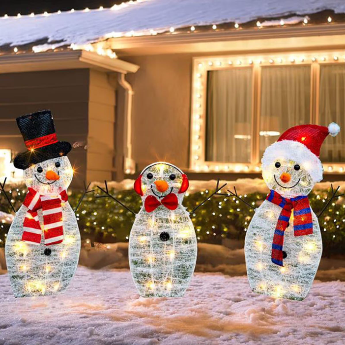 Lighted Christmas Snowman Decorations Yard Light Up Snowman Indoor Outdoor Decor Collapsible Pop Up with Pre-Lit LED Lights Metal Stand for Lawn Garden Porch Xmas Outside Party (3Pcs)