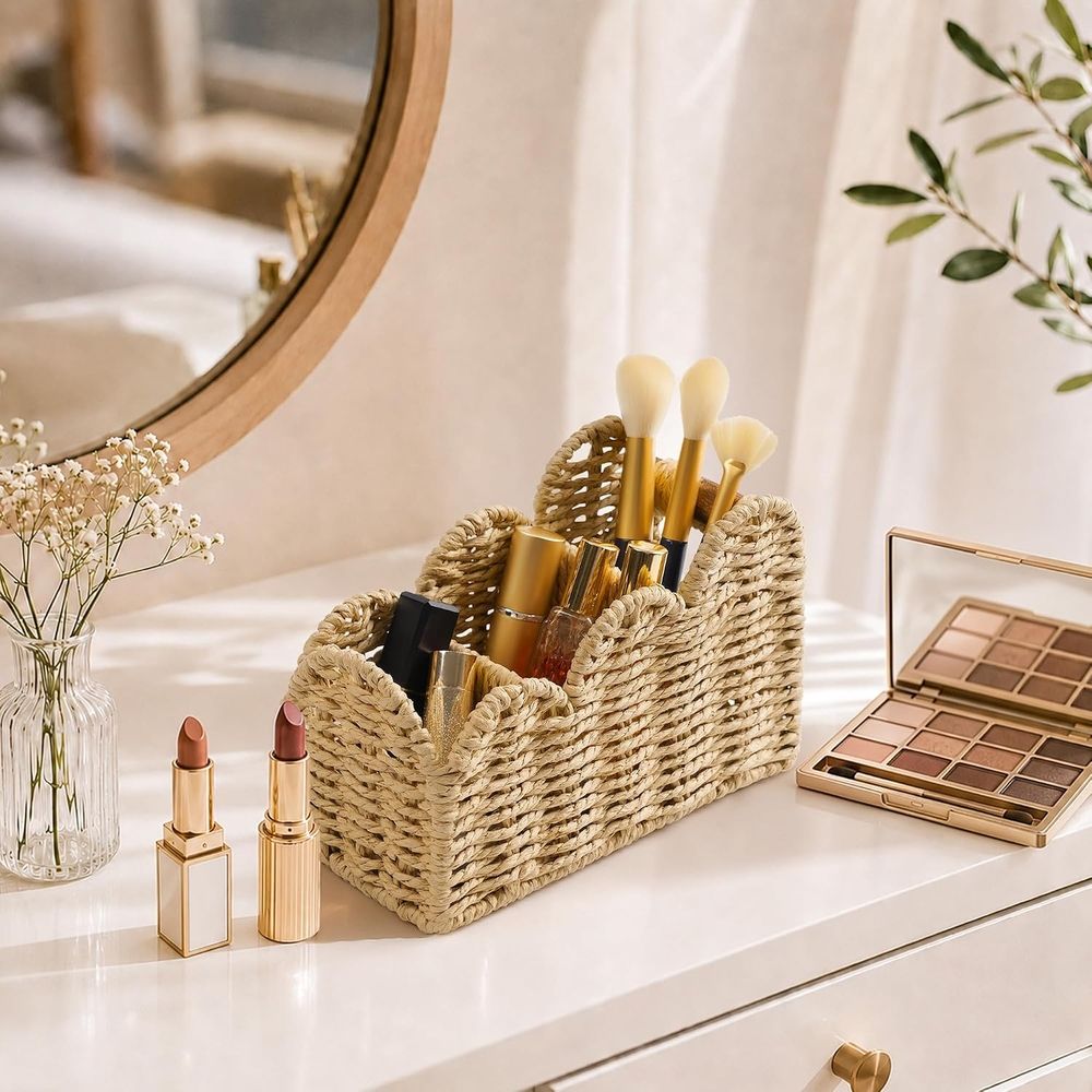 1 Pcs Handwoven Desktop Storage Basket, Boho Reusable Wicker Organizer ForStationery Cosmetics Snacks & Keys,8.26*3.93*5.51in