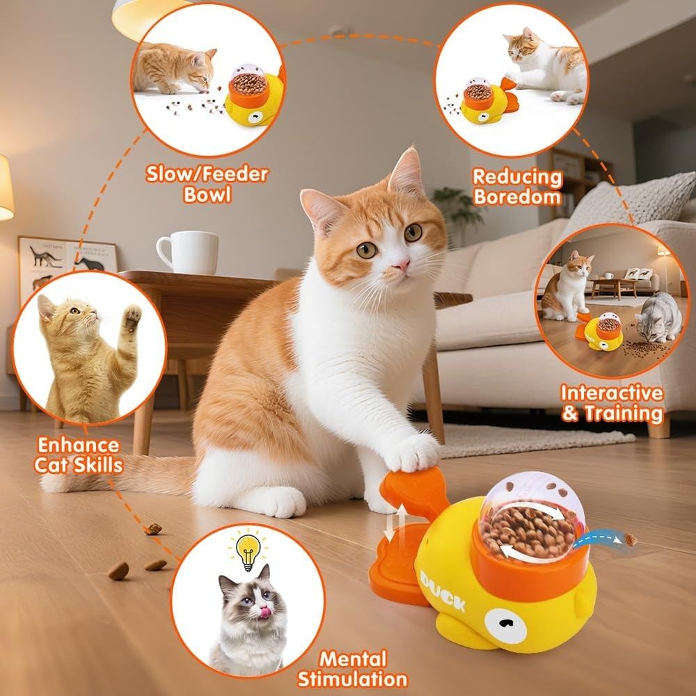 Yellow Duck Shaped Cat Treat Dispenser, Manual Push Interactive Pet Toy, Plastic Battery-Free Slow Feeder Training Toy,22*14cm,Yellow