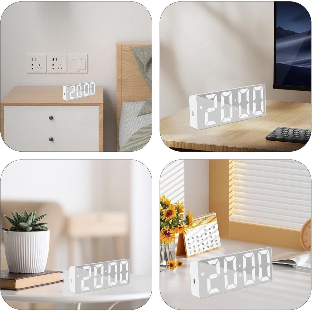 1 Pcs LED Mirror Desk Clock, Digital Alarm Clock With Snooze Function, Time Display, Desk Electronic Clock, Snooze Function,15.8*2.5*6cm,White