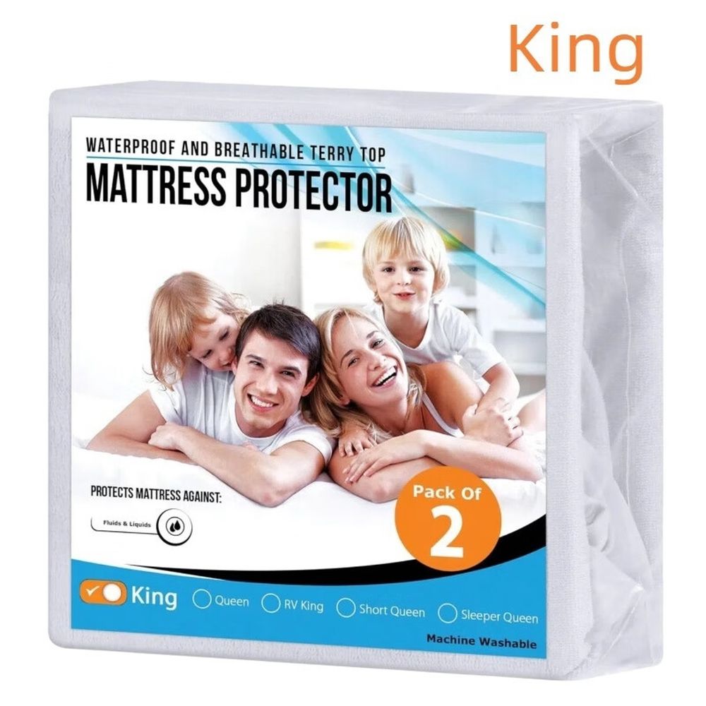 Waterproof Mattress Protector, 200 GSM, Breathable, Fitted, White (2,King)
